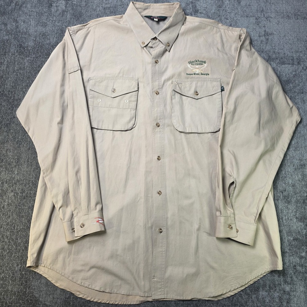 Vtg Redington Fly Fishing Shirt Mens XL Vented Roll Tab Tan Cotton Embroidered
